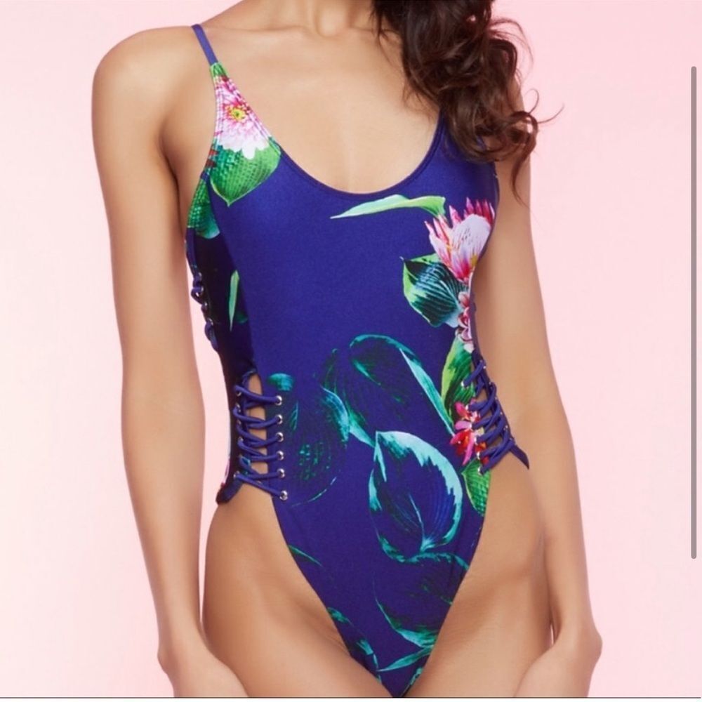 Tinibikini Tropical Shimmery Print One Piece Swimsuit Navy Blue